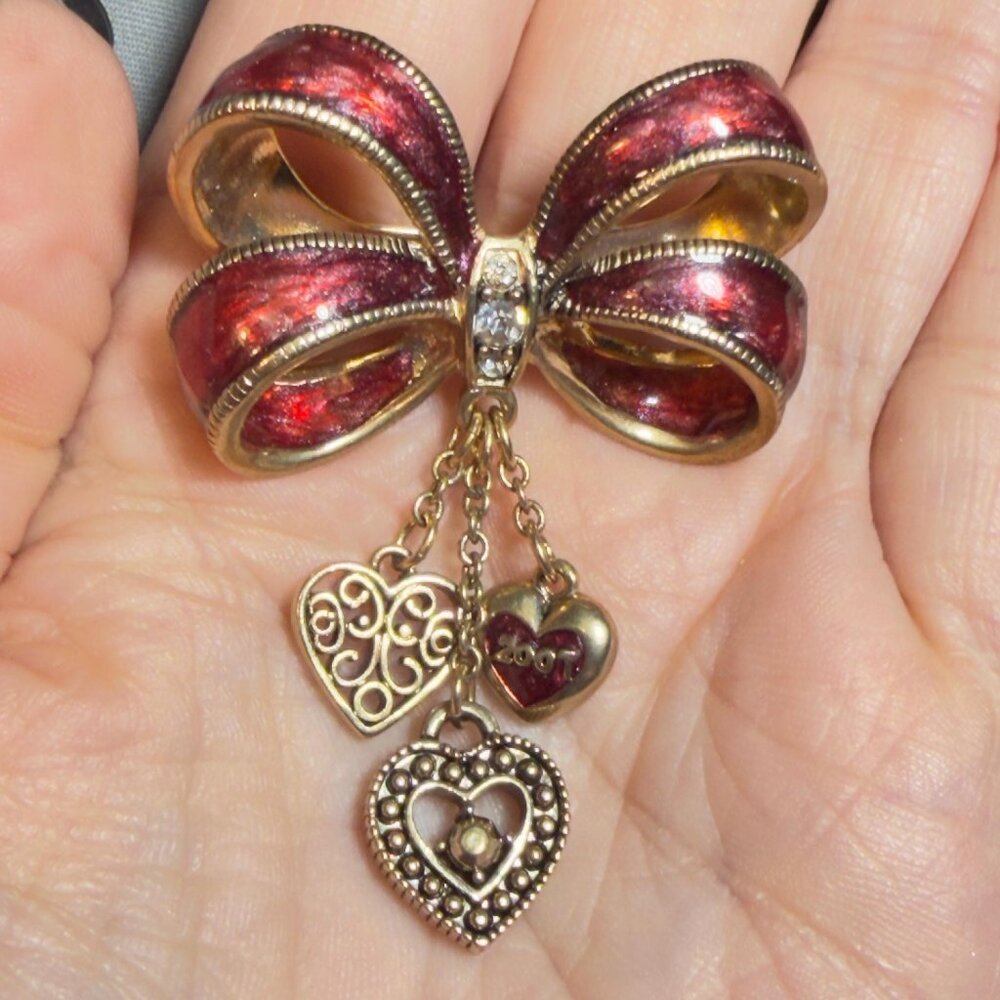 Monet Bow Brooch Red Enamel Heart Dangle Pin 2007 Signed 2.25”